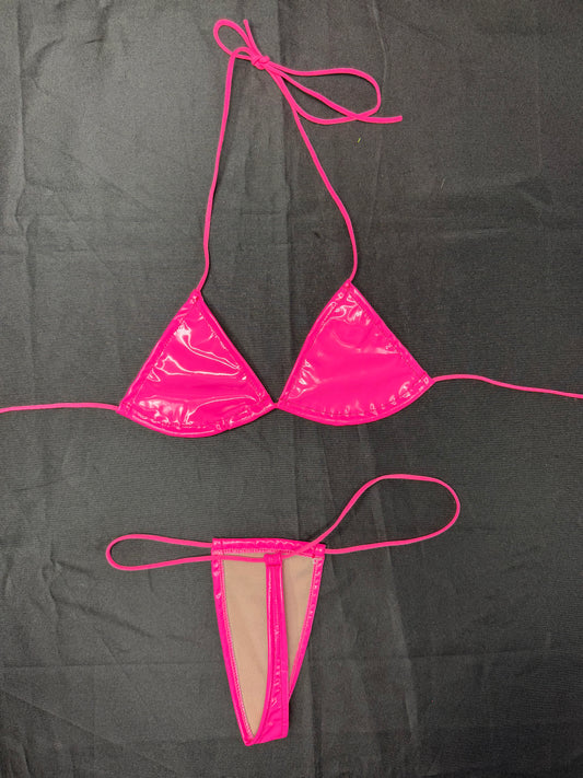 Hot Pink Vinyl Micro Bikini Lingerie Outfit