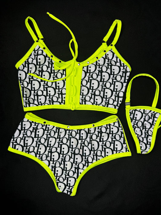 Neon Yellow/White Designer Two-Piece Shorts Lingerie Outfit