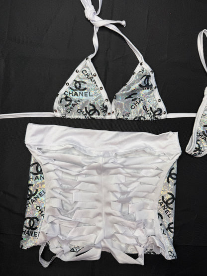 Silver/White Spandex Two-Piece Shorts Lingerie Outfit