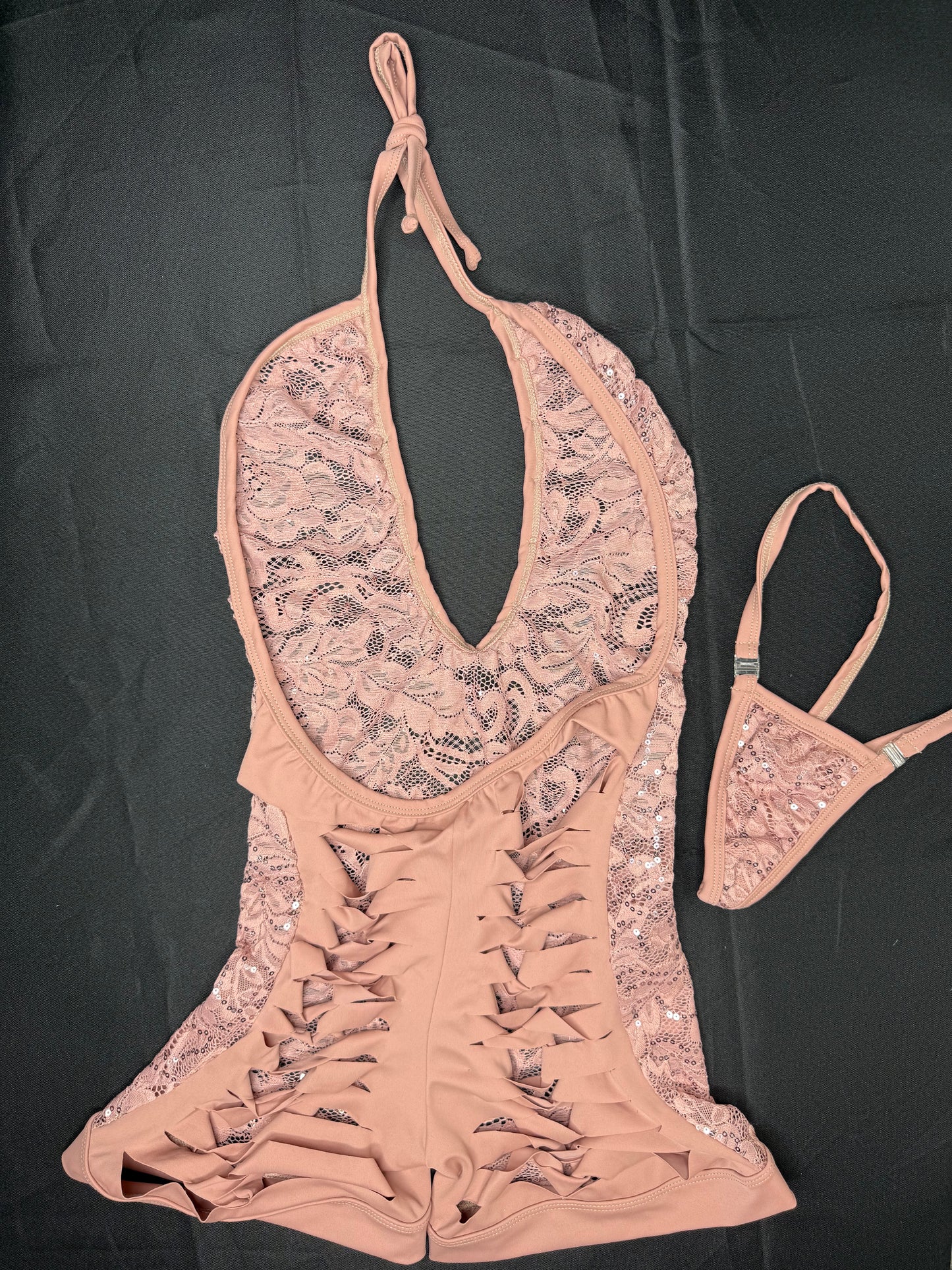 Nude Sequins Lace One-Piece Ripped Back One-Piece Lingerie Outfit