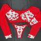 Heart Kitty Print Spandex/Red Mesh Two-Piece Lingerie Outfit