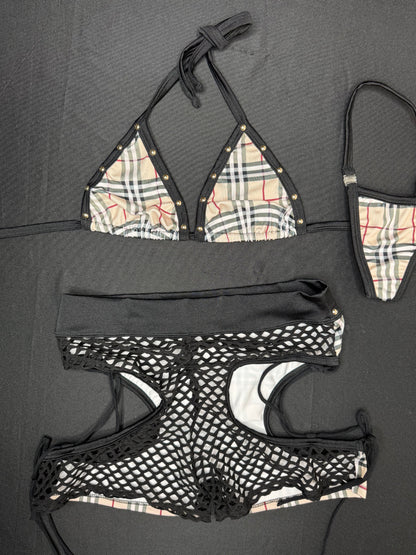 Designer Plaid/Black Fishnet Bikini Top/Shorts Two-Piece Lingerie Outfit