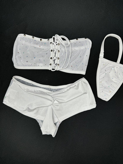 White Sparkle Mesh/White Spandex Two-Piece Tube Top/Shorts Lingerie Outfit