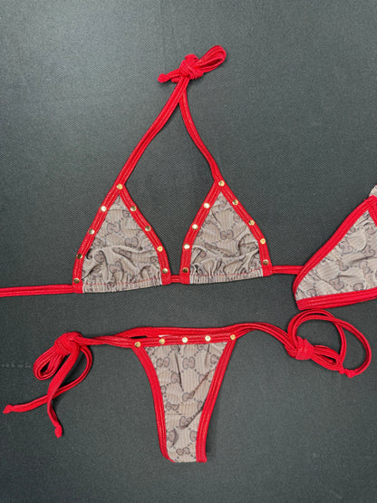 Metallic Red/Brown Designer Spandex Two-Piece Bikini Lingerie Outfit
