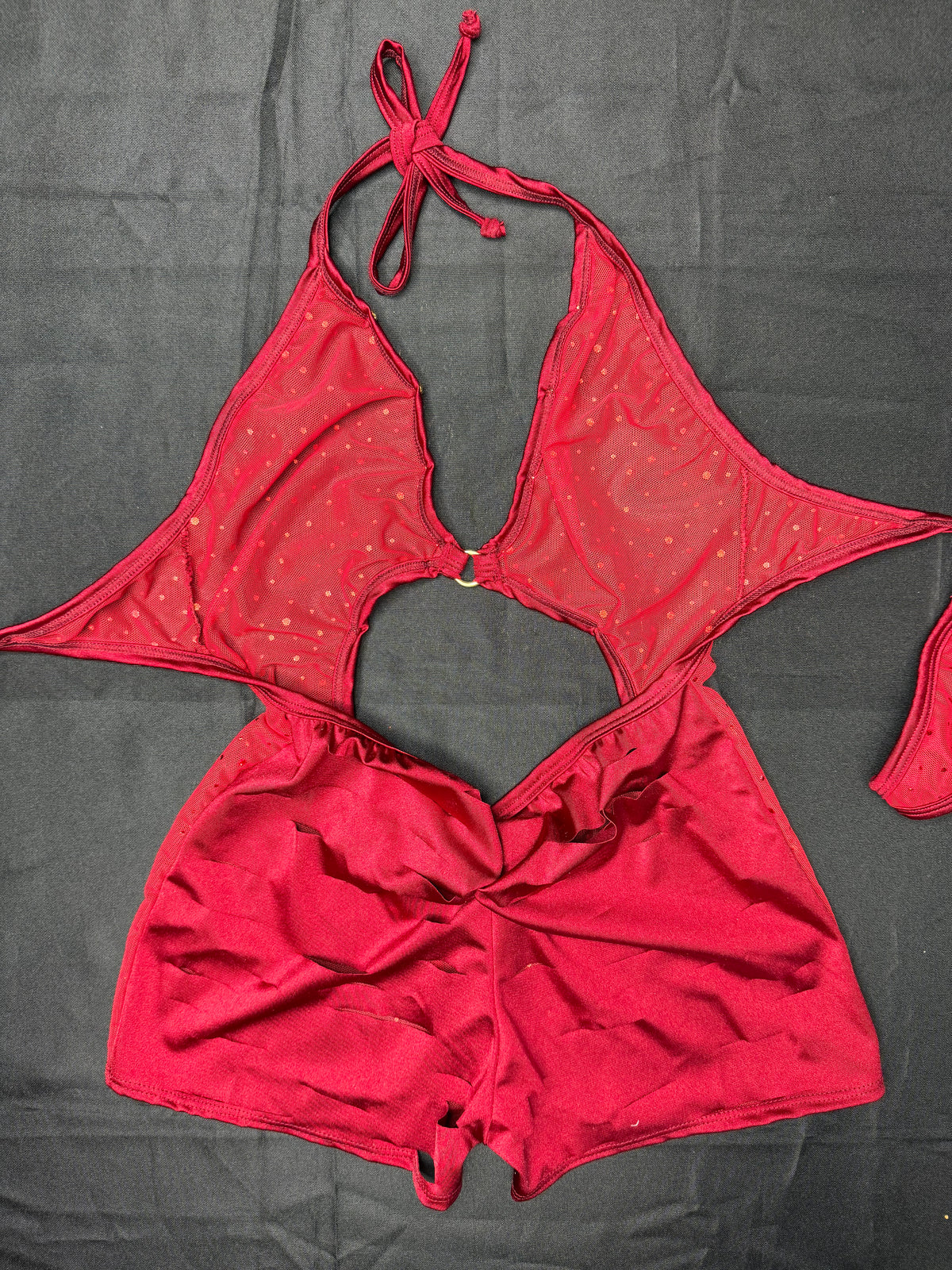 Red Mesh/Burgundy Spandex One-Piece Lingerie Outfit