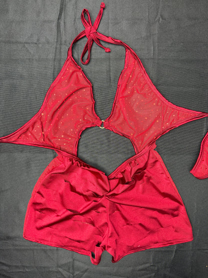Red Mesh/Burgundy Spandex One-Piece Lingerie Outfit