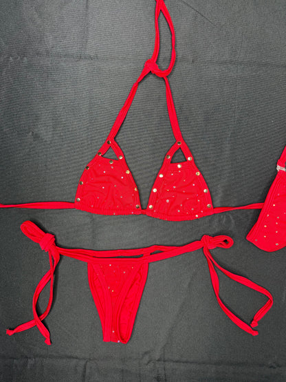 Red Mesh/Spandex Two-Piece Side-Tie Bikini Lingerie Outfit