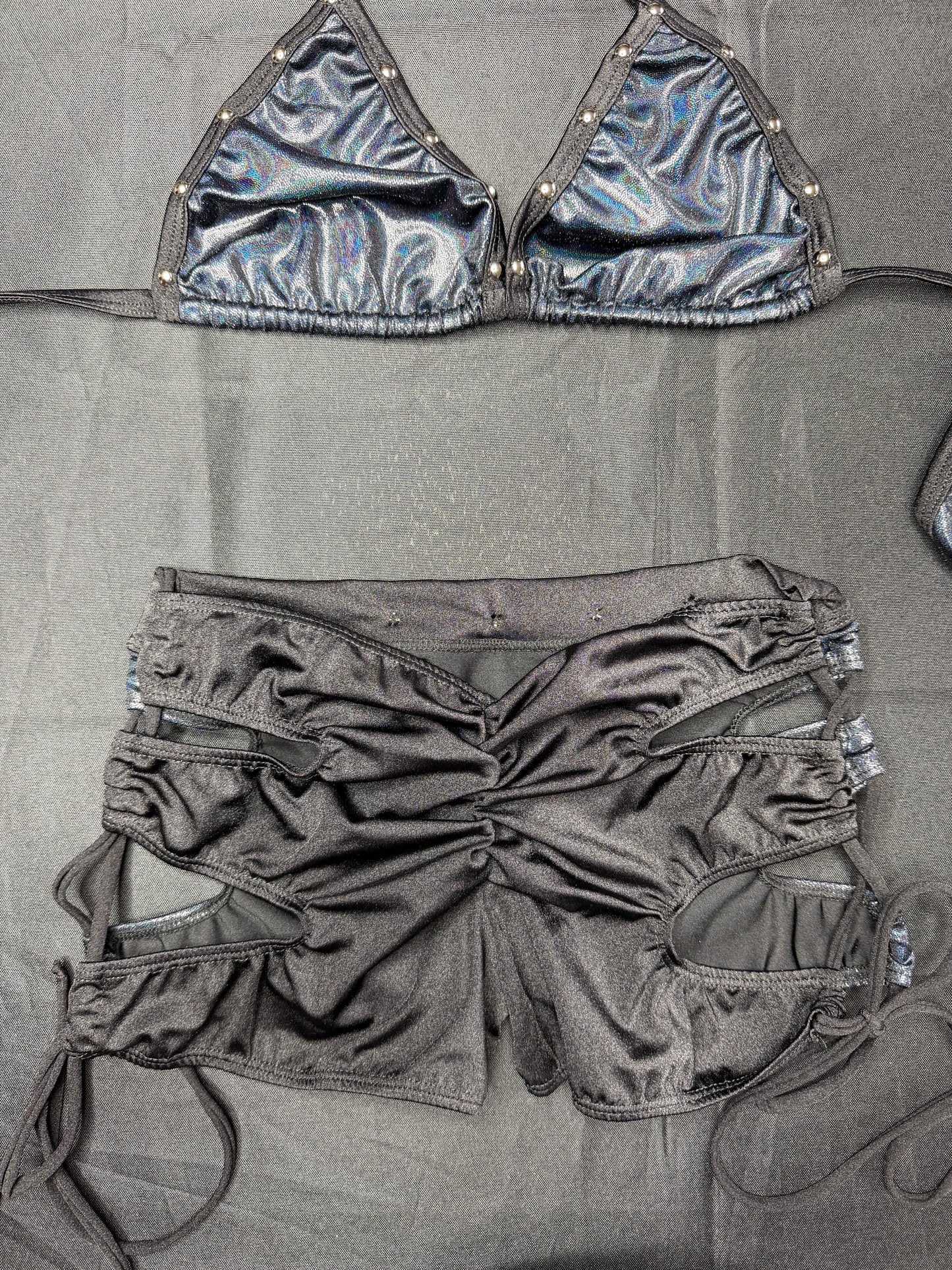 Metallic Black/Black Spandex Bikini Top/Shorts Two-Piece Lingerie Outfit