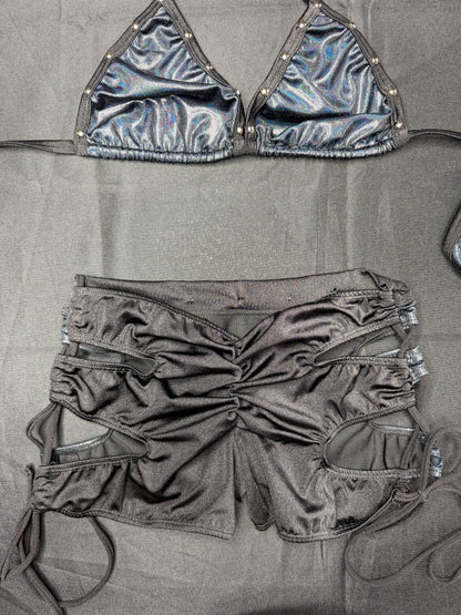 Metallic Black/Black Spandex Bikini Top/Shorts Two-Piece Lingerie Outfit