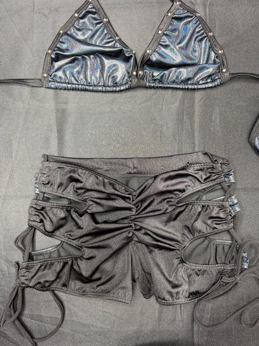Metallic Black/Black Spandex Bikini Top/Shorts Two-Piece Lingerie Outfit