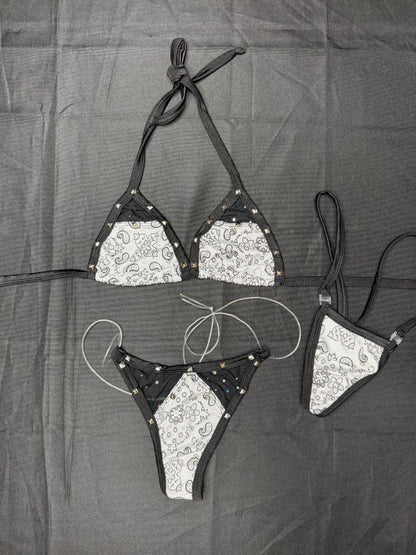 White Bandana/Black Spandex/Mesh Two-Piece Bikini Lingerie Outfit