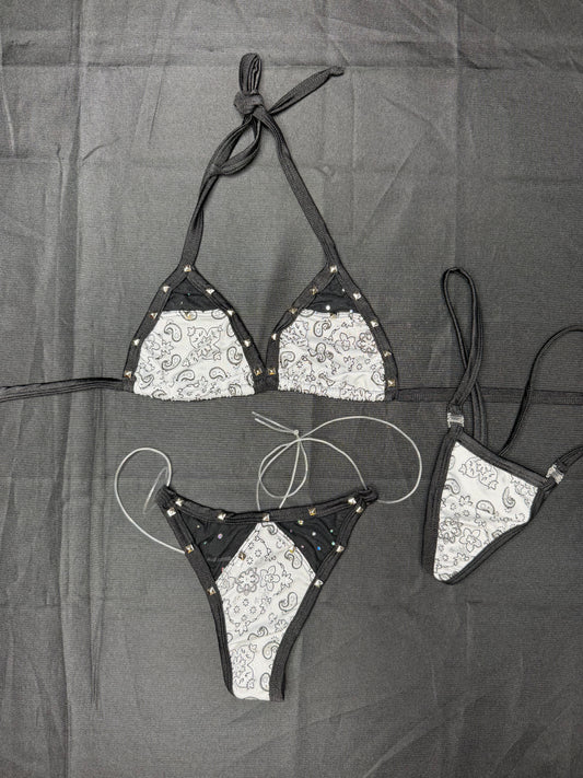 White Bandana/Black Spandex/Mesh Two-Piece Bikini Lingerie Outfit