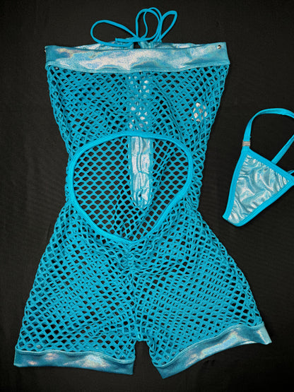Mystic Blue/Turquoise Fishnet One-Piece Lingerie Outfit