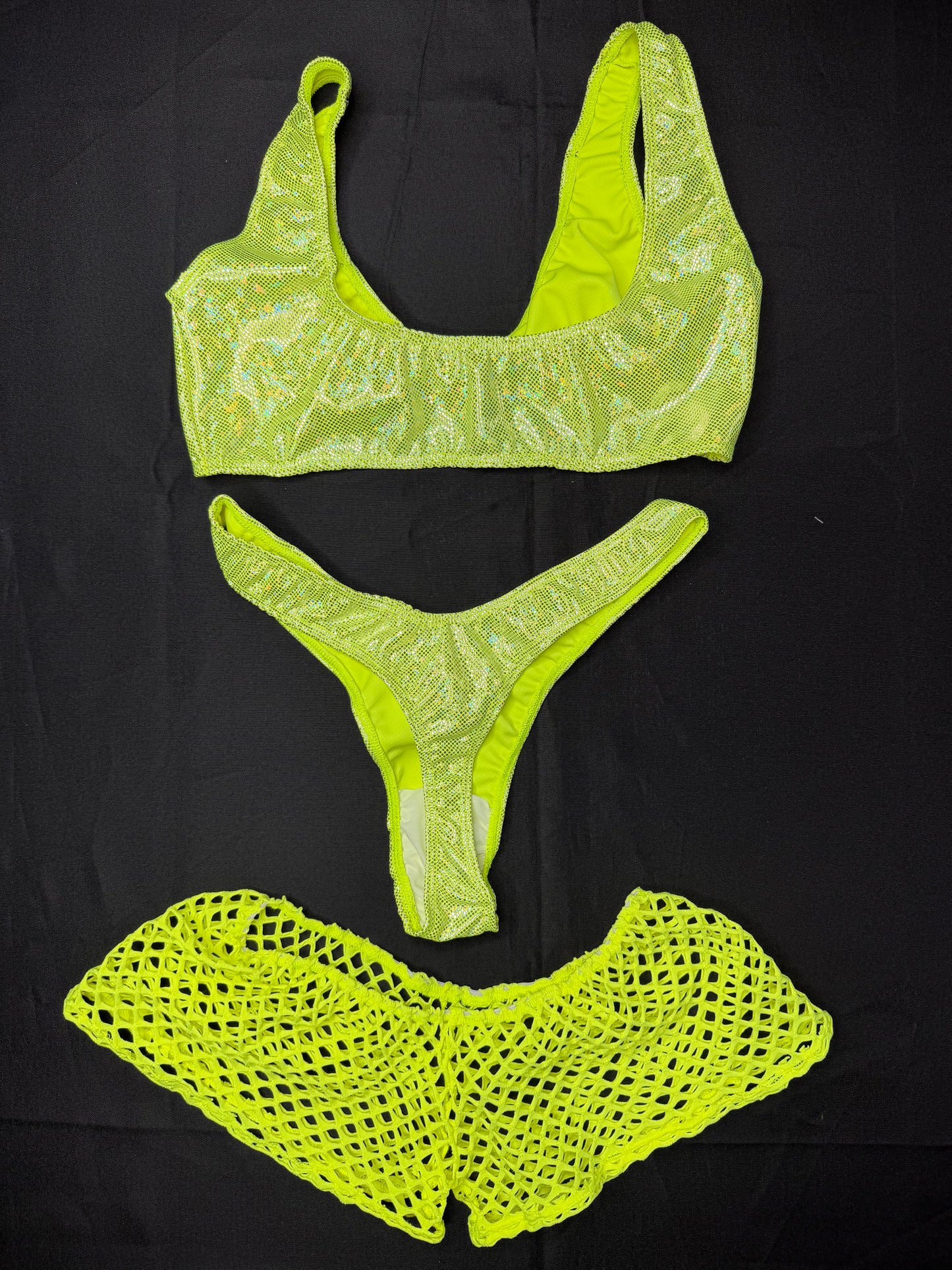 Metallic Neon Yellow Sports Bra/Cheeky Thong Fishnet Shorts Three-Piece Lingerie Outfit