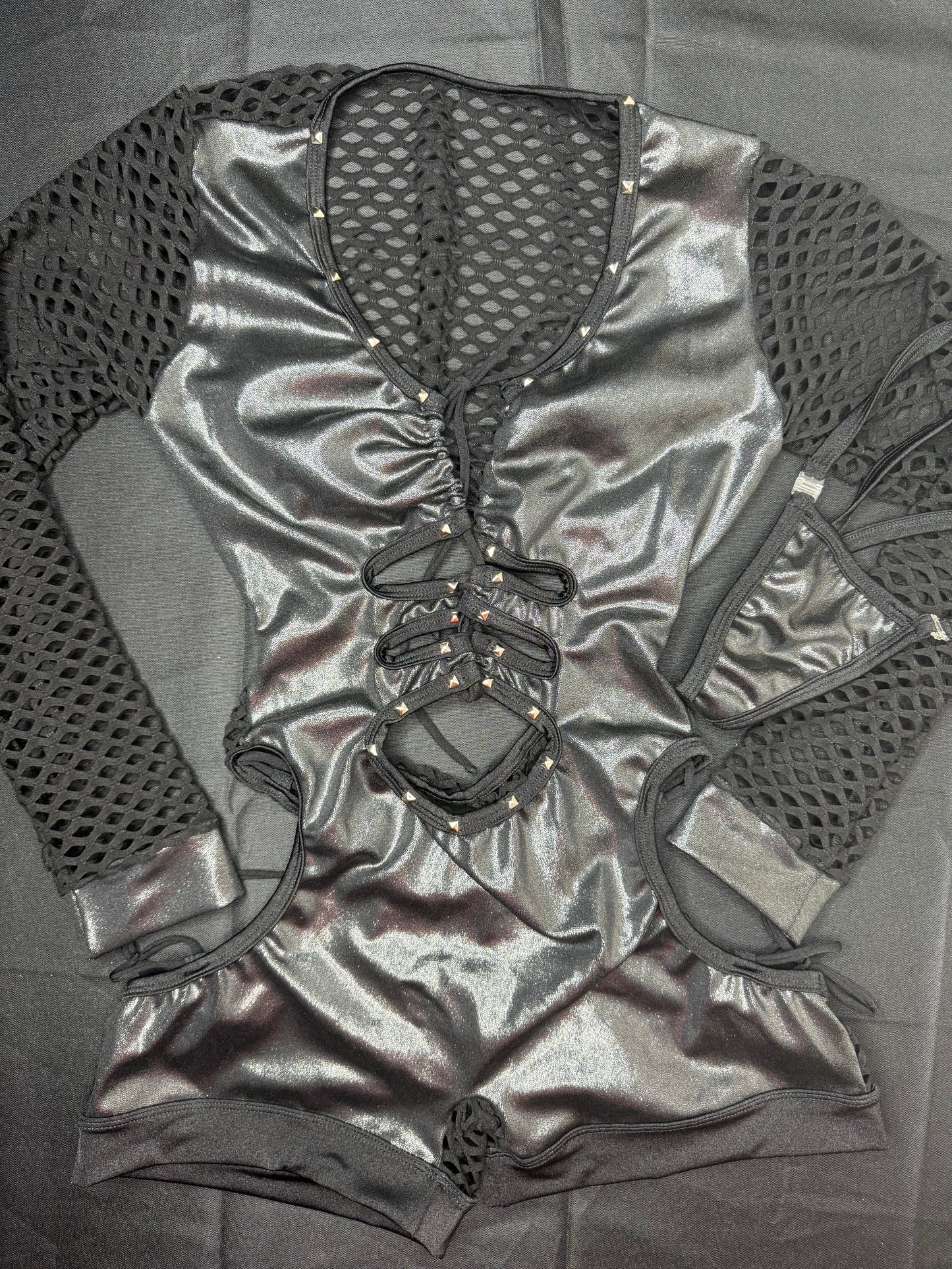 Black Spandex One-Piece Fishnet Long Sleeve Romper Lingerie Outfit