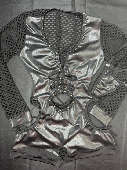Black Spandex One-Piece Fishnet Long Sleeve Romper Lingerie Outfit