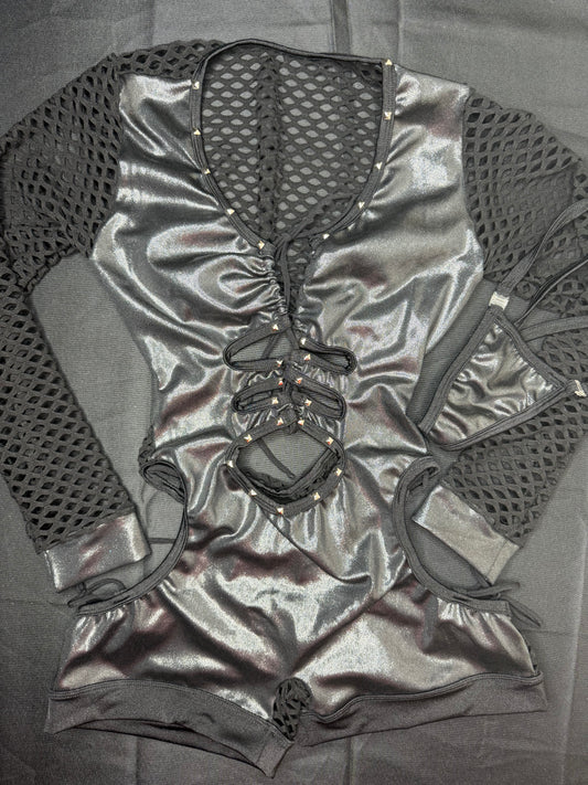 Black Spandex One-Piece Fishnet Long Sleeve Romper Lingerie Outfit
