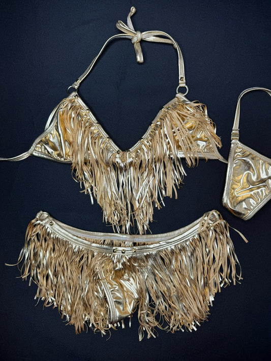 Gold Fringe Two-Piece Bikini Lingerie Outfit