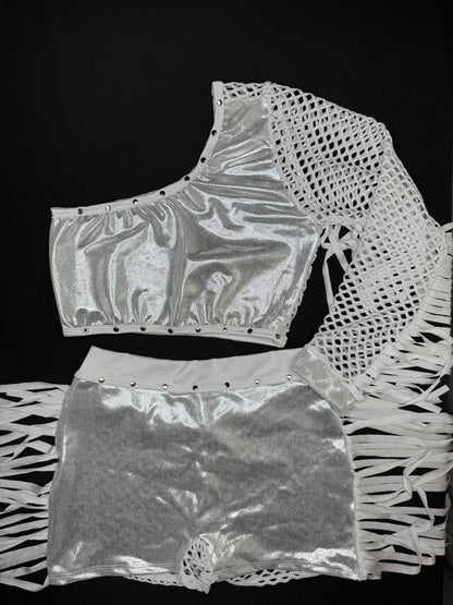 Microdot Silver/White Fringe Single Sleeve/Shorts Two-Piece Lingerie Outfit