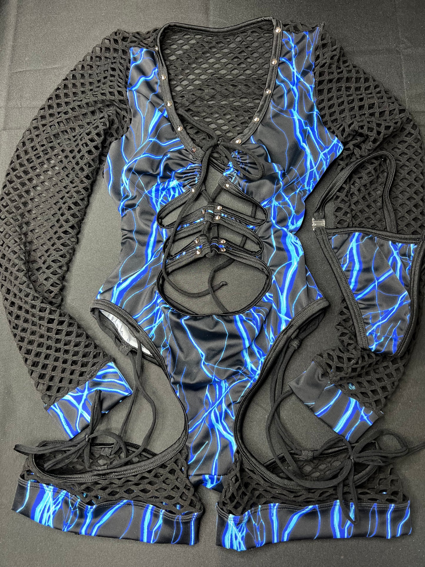 Blue Lightning/Black Fishnet One-Piece Bartender Romper Outfit