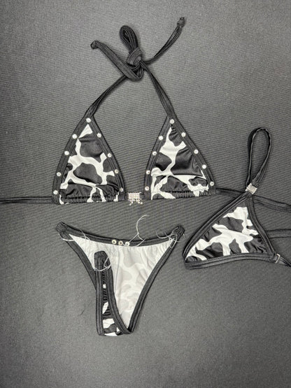 Black Cow Print Two-Piece Bikini Lingerie Outfit