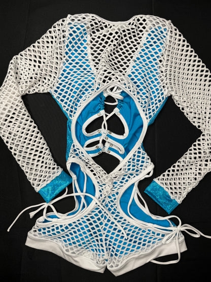 Turquoise Fishnet Metallic Turquoise/White Fishnet Long Sleeve Bartender Romper Outfit ...