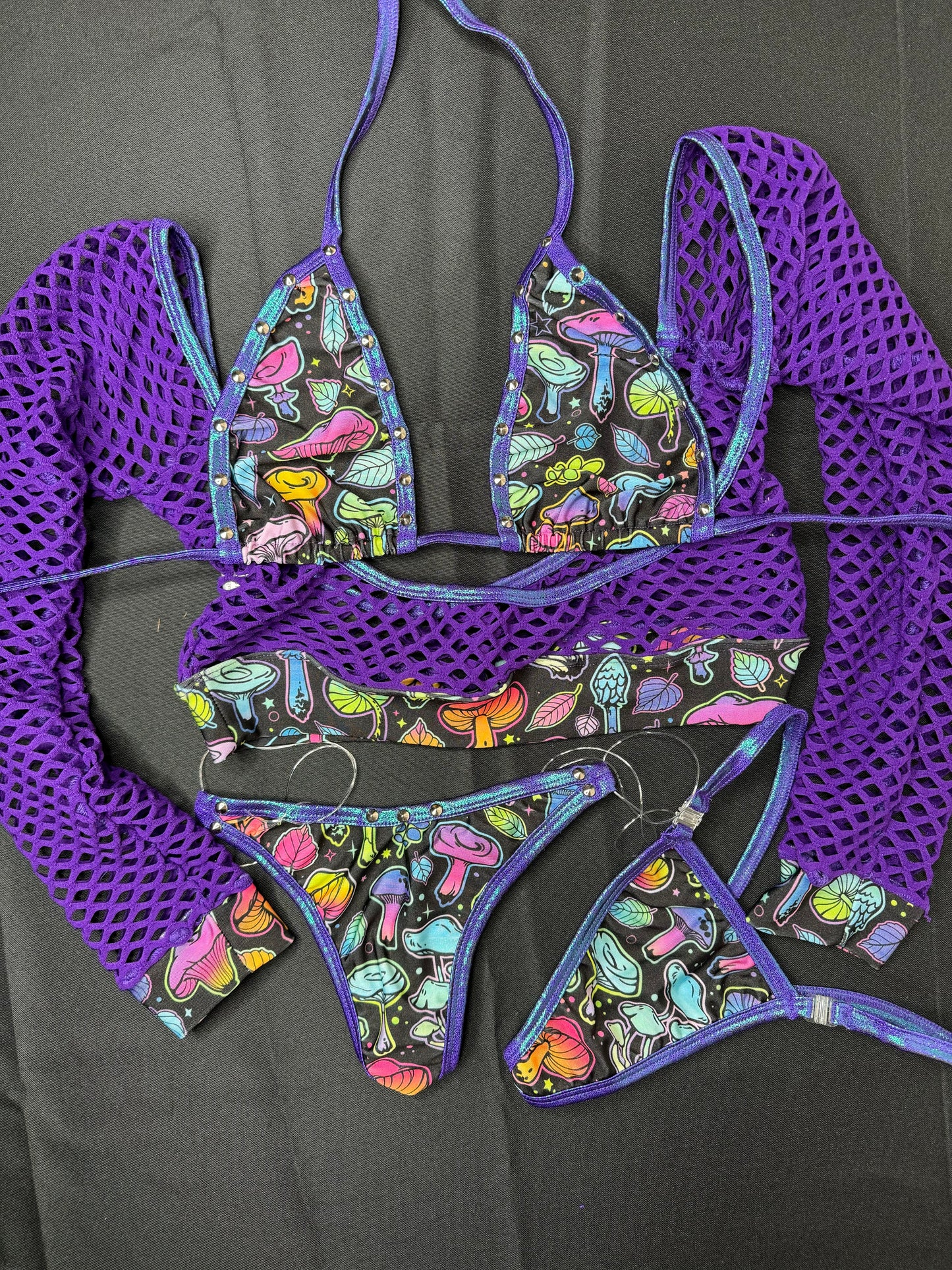 Purple Fishnet Metallic Mushroom Long Sleeve Exotic Dancer Outfit