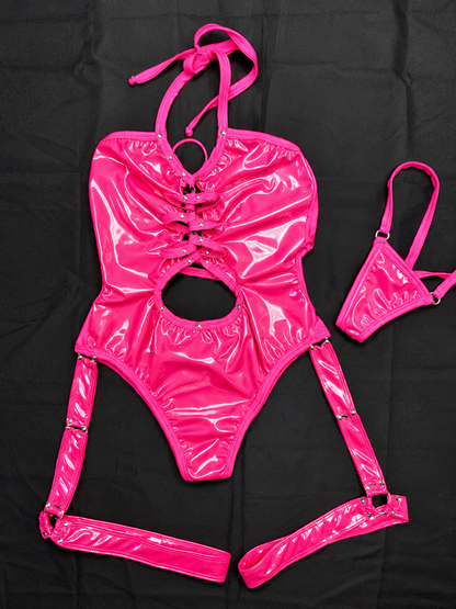 Shiny Hot Pink Vinyl One-Piece Lingerie Outfit