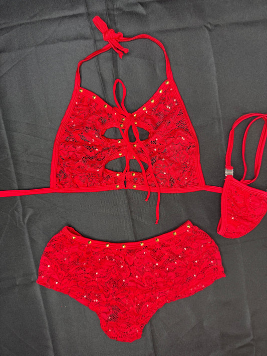 Sparkle Lace Two-Piece Shorts Lingerie Outfit