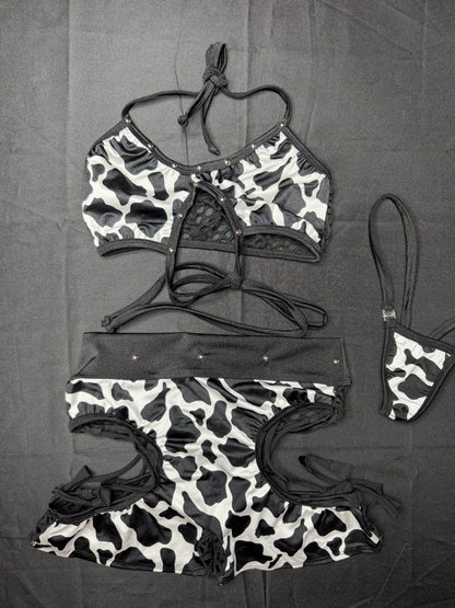 Cow Print/Black SpandexSports Bra/Shorts Two-Piece Lingerie Outfit