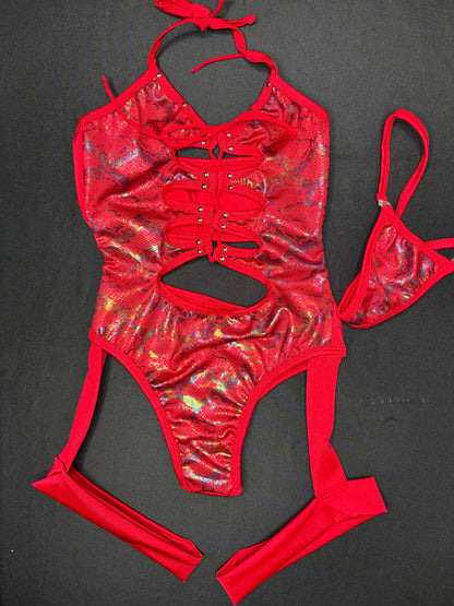 Red Snake Skin Animal Print One-Piece Garter Leotard Lingerie Outfit