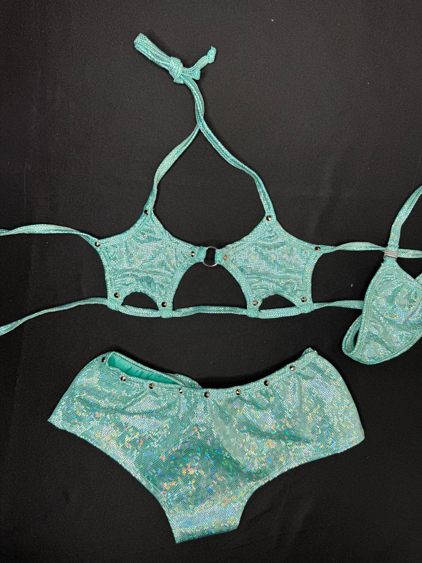 Metallic Mint Star Bikini Top/Shorts Two-Piece Lingerie Outfit