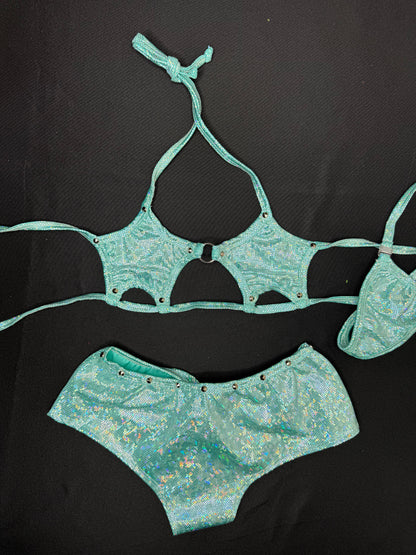 Metallic Mint Star Bikini Top/Shorts Two-Piece Lingerie Outfit