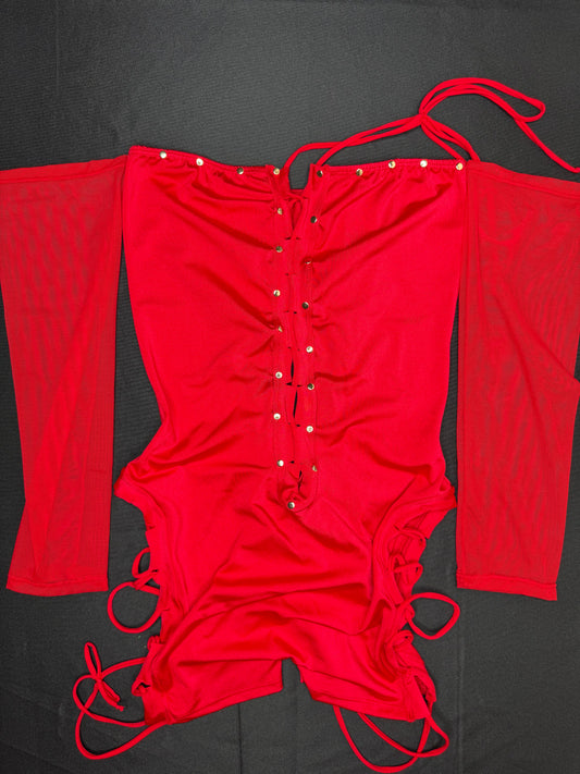 Red/Red Mesh/Spandex One-Piece Lingerie Outfit