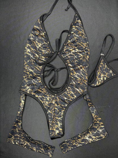 Gold/Black Spandex One-Piece Garter Leotard Lingerie Outfit