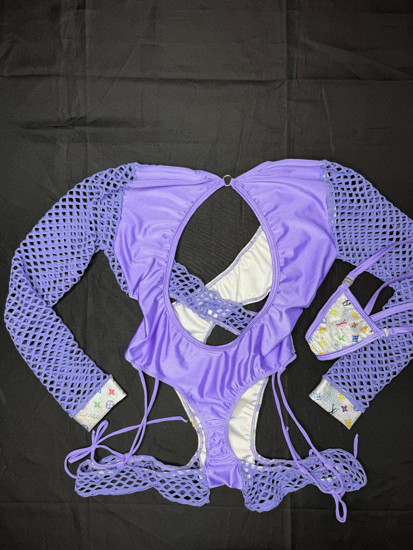 Holographic White Designer/Lavender Spandex Romper Lingerie Outfit