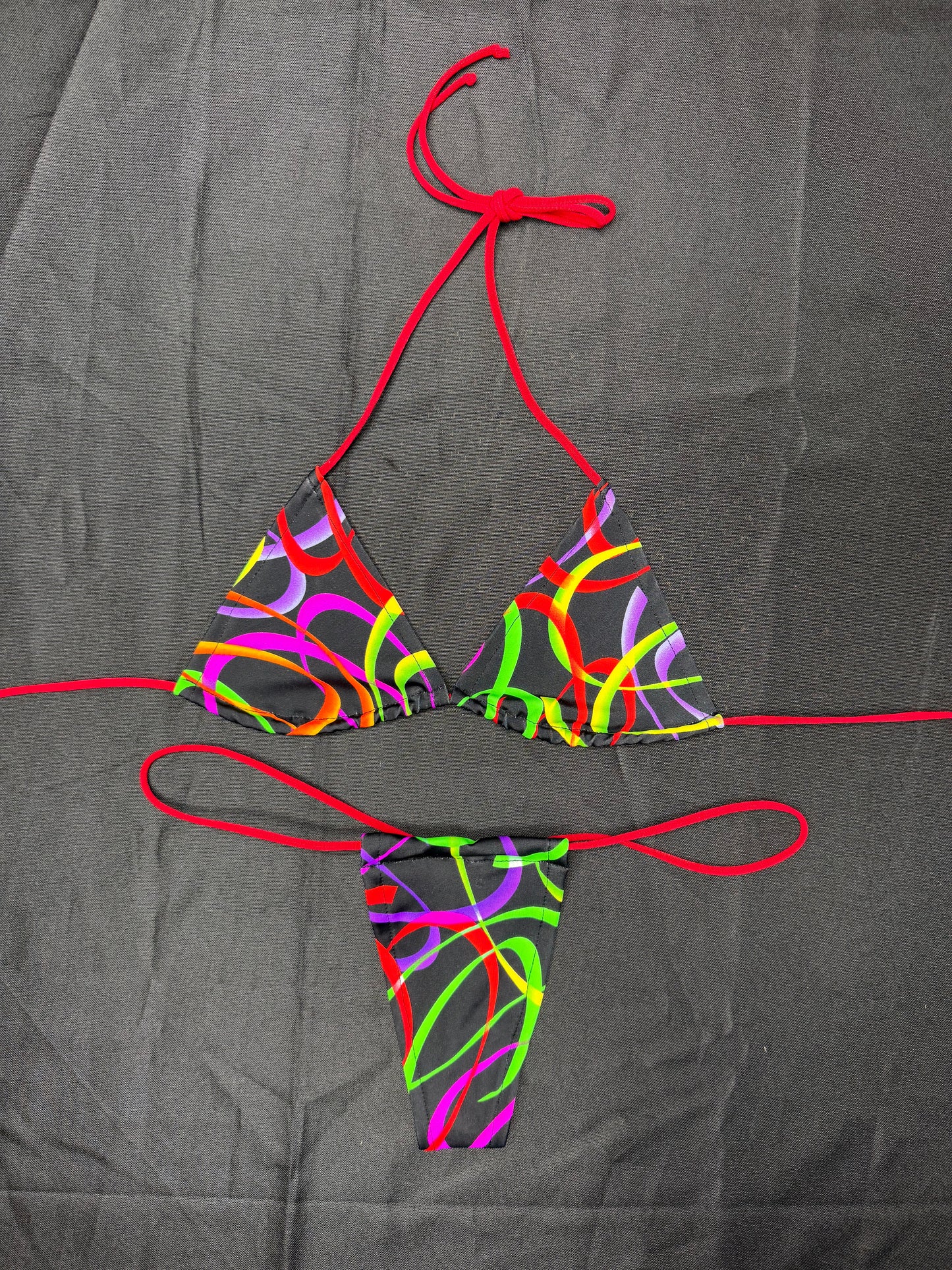 Multi Color/Red Spandex Two-Piece Micro Bikini Lingerie Outfit