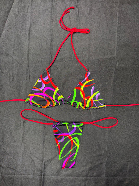 Multi Color/Red Spandex Two-Piece Micro Bikini Lingerie Outfit