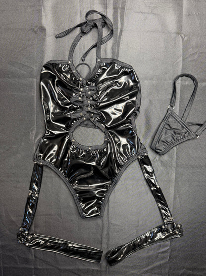 One-Piece Black Vinyl Dance Wear Outfit Sexy Stripper Lingerie