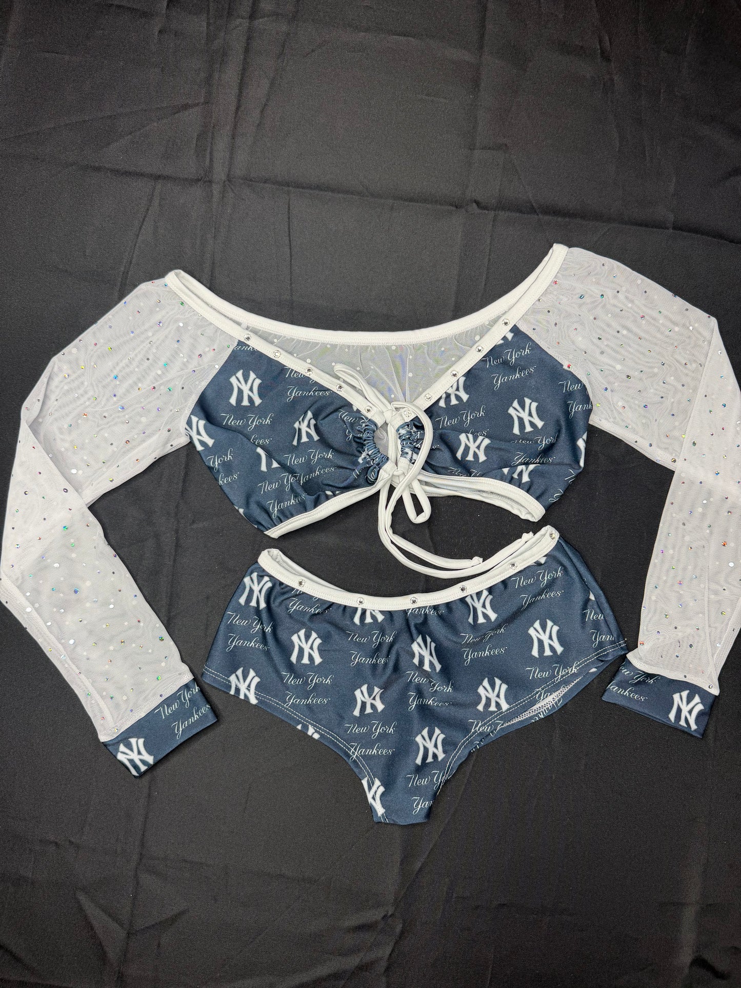Yankees Blue Spandex/White Mesh Long Sleeve/Shorts Two-Piece Lingerie Outfit