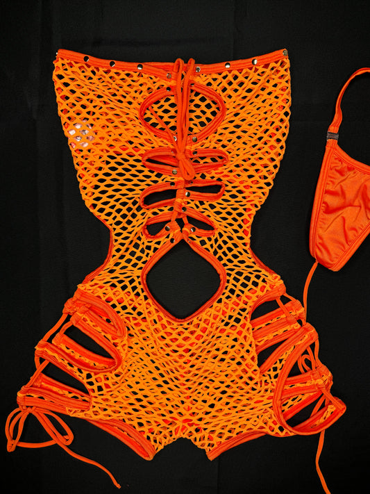 Orange Fishnet One-Piece Lingerie Outfit