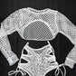 Silver Spandex/White Fishnet Three-Piece Lingerie Outfit