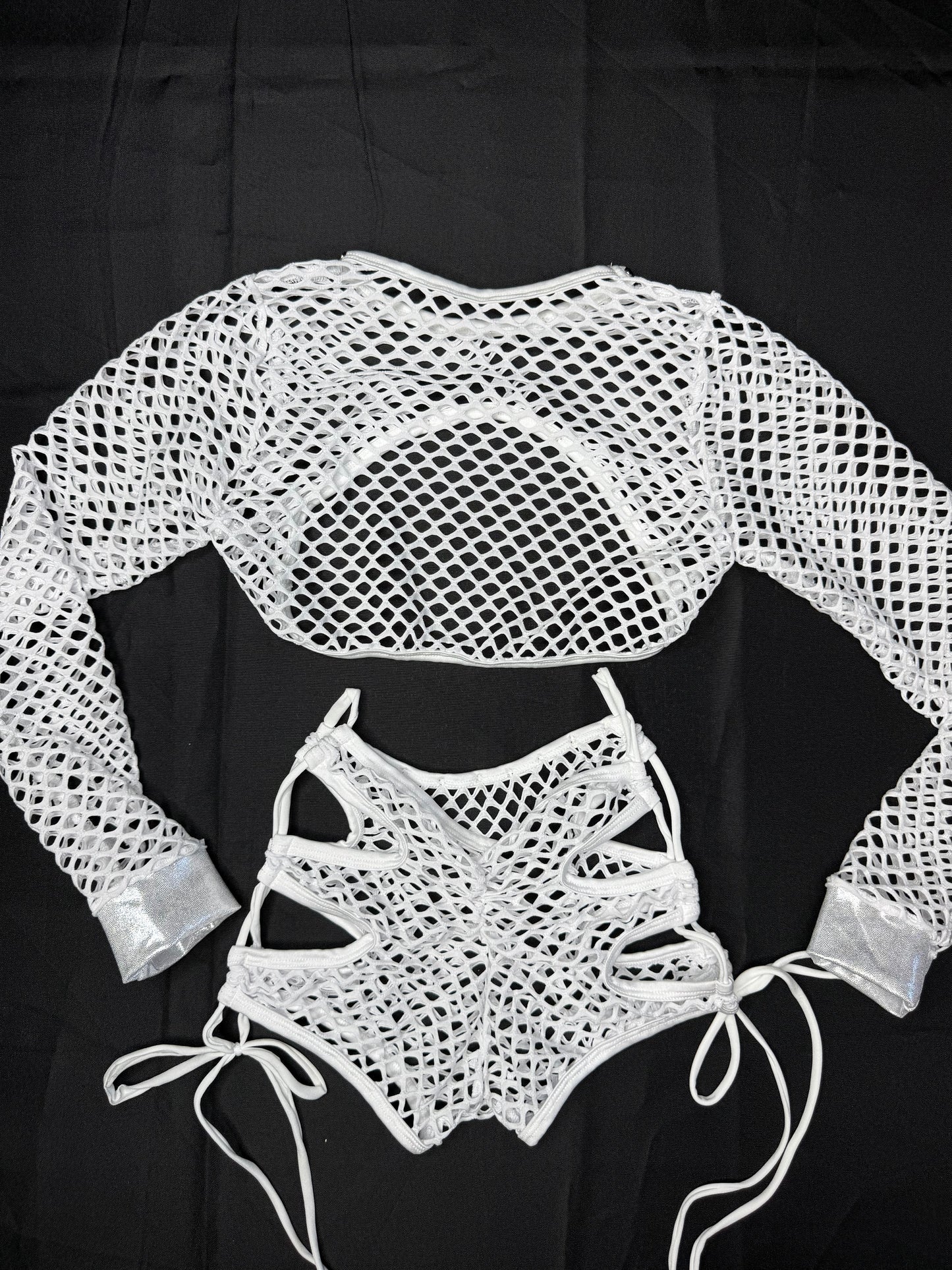 Silver Spandex/White Fishnet Three-Piece Lingerie Outfit
