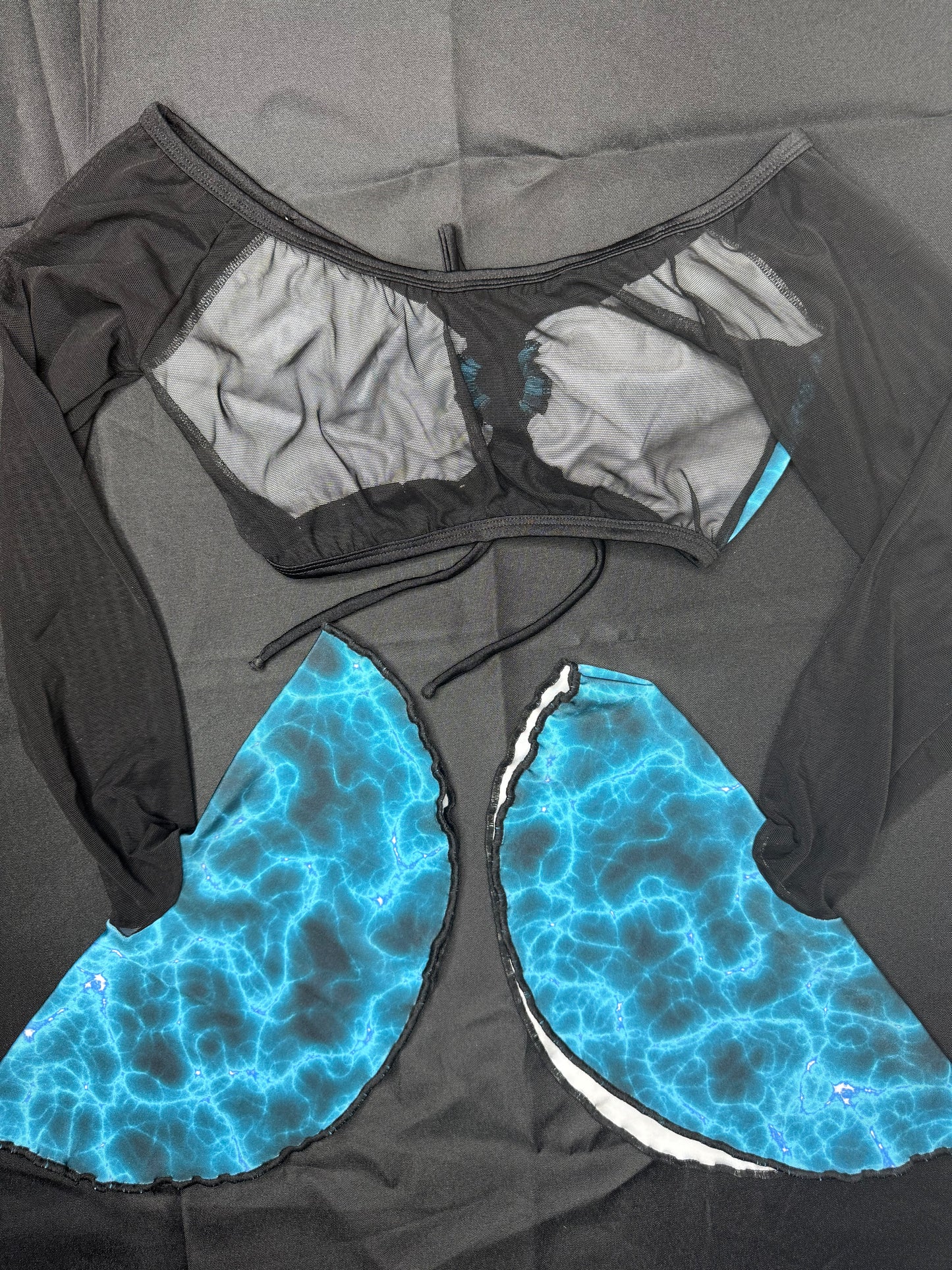 Blue Spandex/Black Mesh Long Sleeve Two-Piece Silicone String Bottoms Lingerie Outfit
