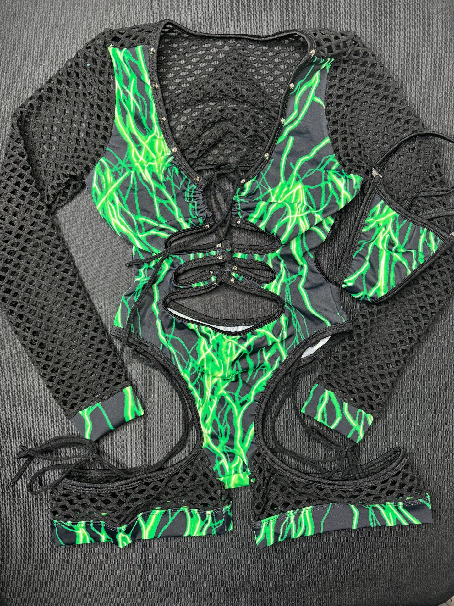 Green Thunder Print/Black Fishnet One-Piece Bartender Romper Outfit