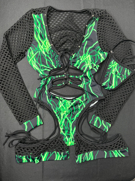 Green Thunder Print/Black Fishnet One-Piece Bartender Romper Outfit