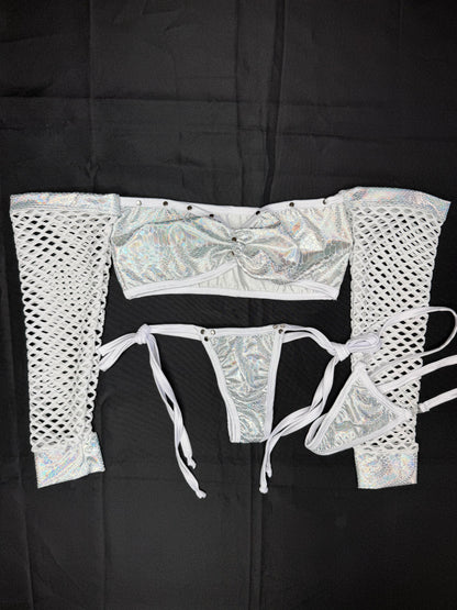 Holographic White Snake Skin/White Spandex Two-Piece Lingerie Outfit