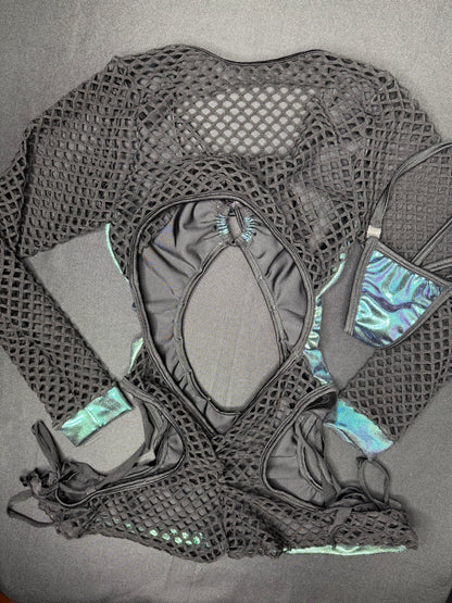 Microdot Kelly Green/Black Fishnet One-Piece Romper Lingerie Outfit