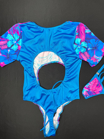 Flower Print/Blue Spandex Short Sleeve One-Piece Leotard Lingerie Outfit