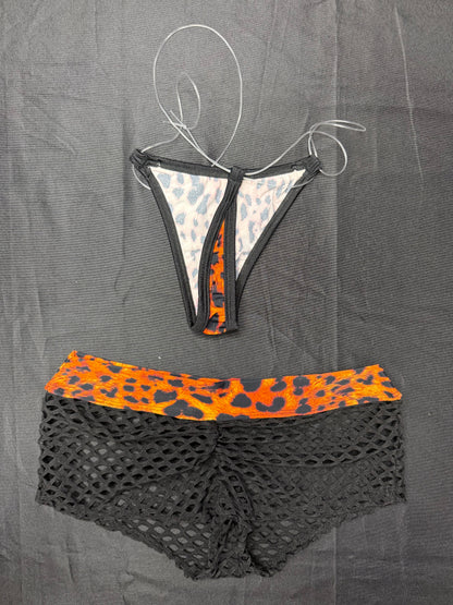 Animal Print/Black Spandex Star Bikini Top/Shorts Three-Piece Lingerie Outfit